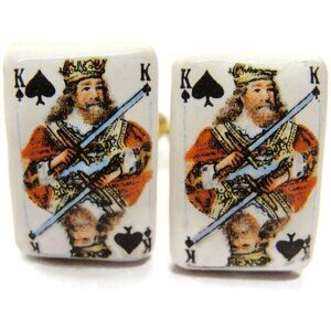 King of Spades Porcelain Cufflinks Gold Tone Tux Shirt Dress Suit Vintage